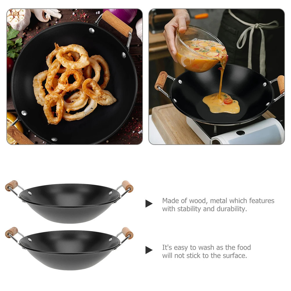 

2pcs Anti spill Stainless Steel Cooking Pot Wood Handle Non Stick Thickened Kitchen Wok for Home Restaurant Camp Use Multi