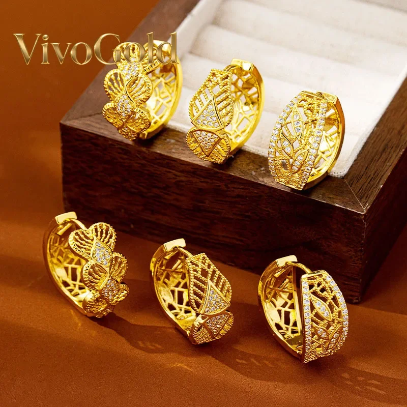 

VivoGoldLuxury 24K 9999 Pure Gold real gold Women's Fashionable Hollow-out Diamond-studded Geometric Earrings