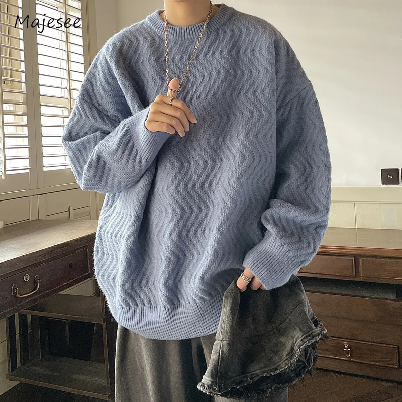 

Sweaters Men Warm Solid Color Loose Simple Daily Autumn Winter Round Neck Pleated Popular American Style Male Knitted Pullovers