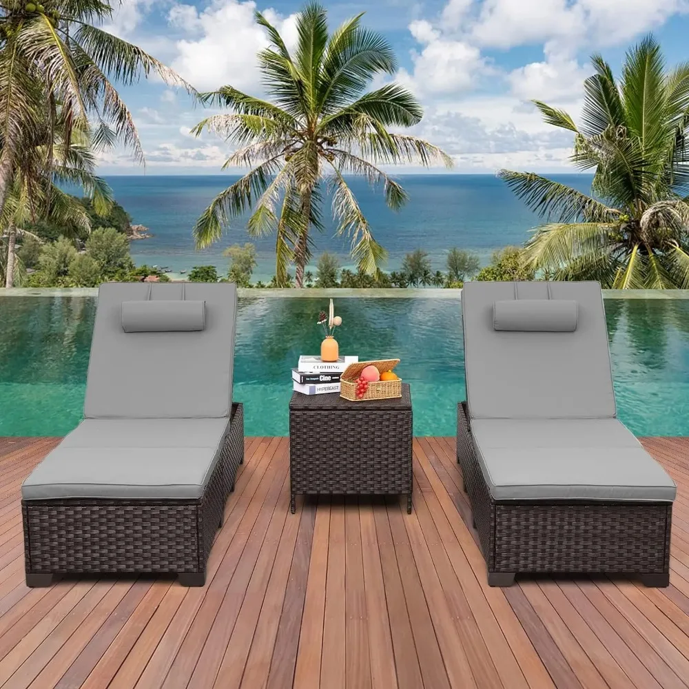 Outdoor PE Wicker Chaise Lounge Set, Outside Poolside Lounger Furniture Set of 2/3, Brown Recliners with Adjustable Backrest,