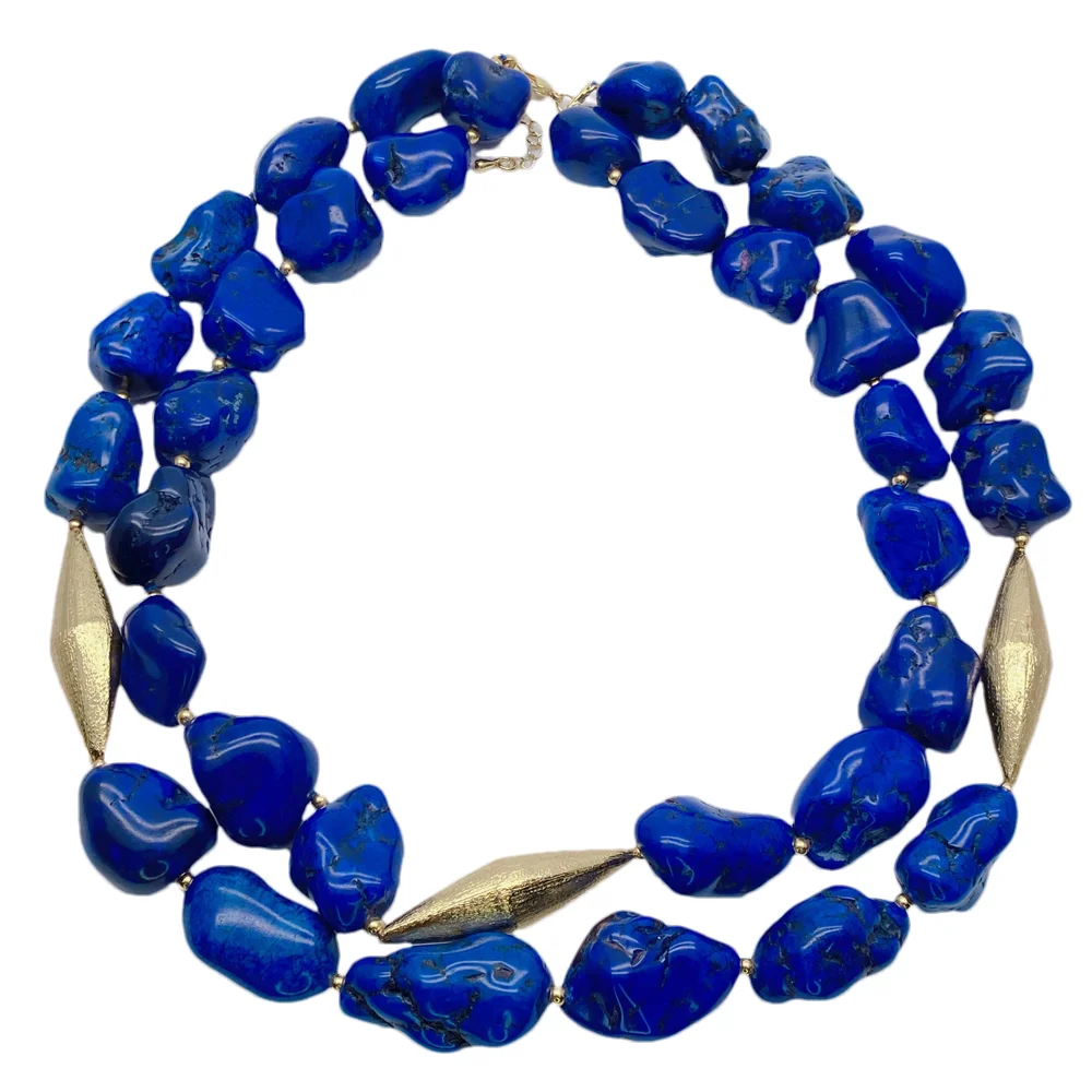 Y·YING 2 Strands nugget Blue stone rice Copper Brushed Bead Necklace