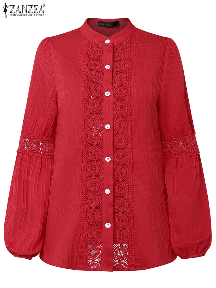 ZANZEA Elegant Shirts Autumn Office Tops 2025 Women Long Sleeve Tunic Casual Lace Hollow Out Blusas Solid Color Tops S-3XL