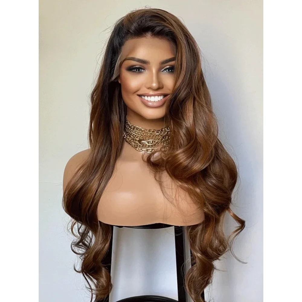 

5x5 Silk Base 26inch Ombre Brown Long Body Wave Jewish Human Hair Wig With Baby Hair HD Lace European Hair Preplucked Daily