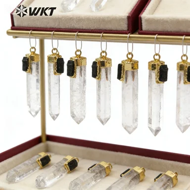 

WT-P1447 WKT Crystal Quartz With Black Tourmaline Charm Gold Capped Pendant Women Fashion Necklace Pendant Jewelry