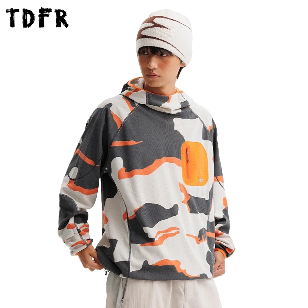 

Контрастная камуфляжная футболка с длинным рукавом, мужская осенняя футболка в стиле сафари, быстросохнущая свободная футболка с рукавами реглан и капюшоном с вафельной текстурой, мужская футболка