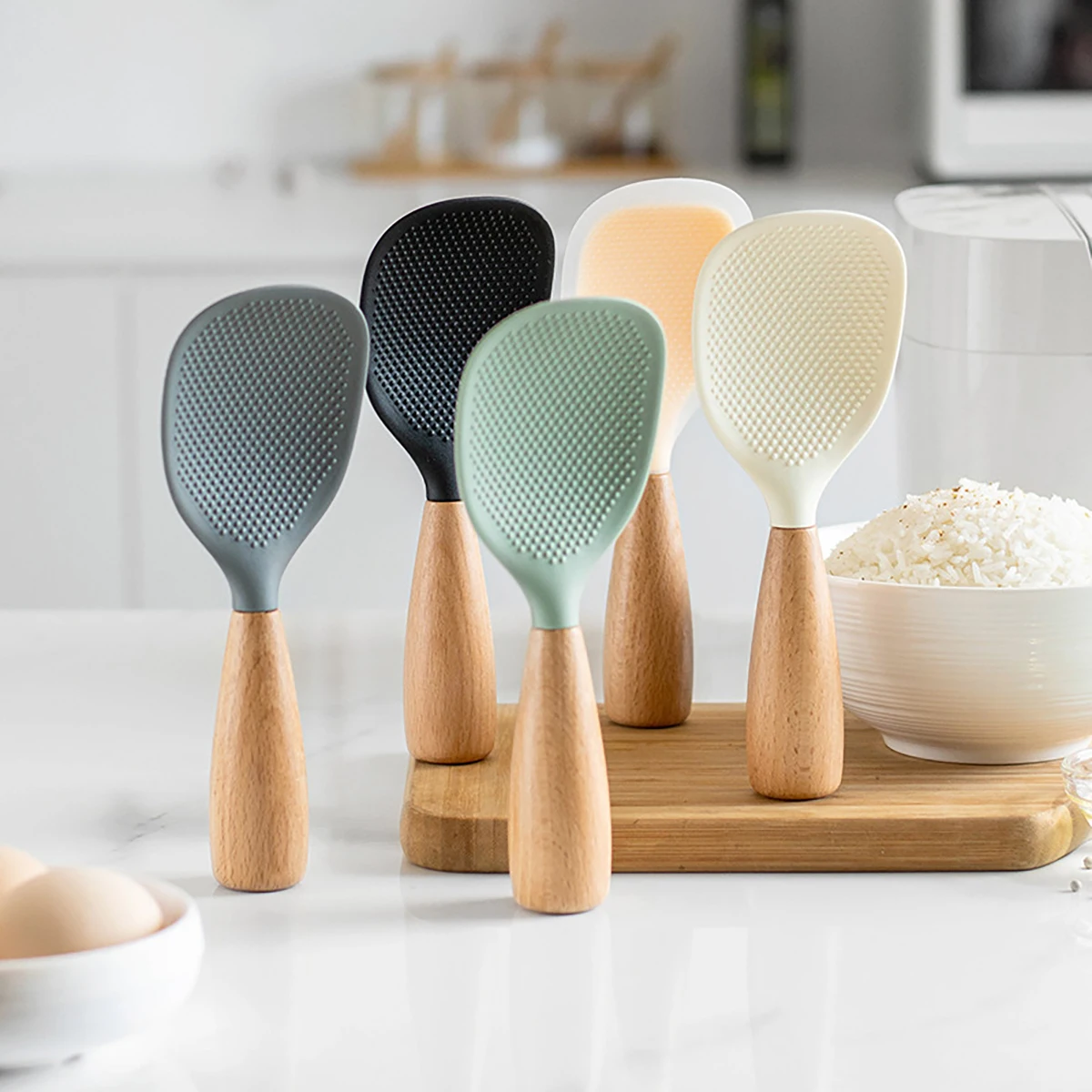 1Pc Silicone Wooden Handle Rice Spoon High Temperature Resistant Non Stick Rice Spoon Lisheng Rice Spoon Kitchen Accessories