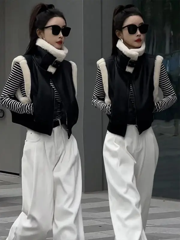 

Women's Stand Collar Patchwork Lamb Fur Vest Outerwear Spring 2026 PU Leather ort Jaet Fce Lined Pants Casual Sle