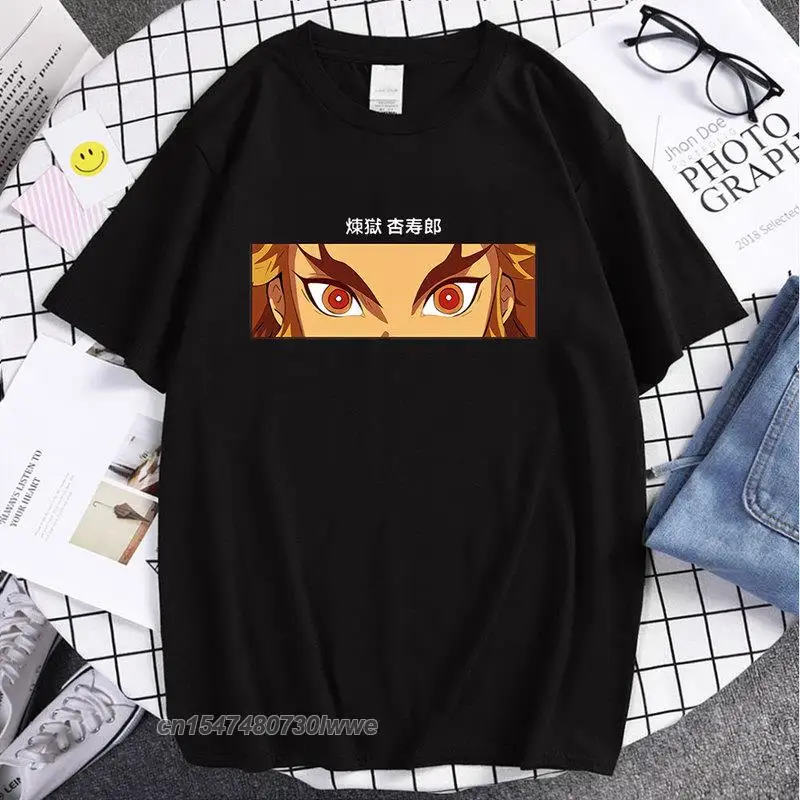 Demon Slayer Humorous Eyes Kimetsu No Yaiba Kyojuro Rengoku T Shirt Hip Hop Flame Hashira Eyes Tee Shirt Women Men T-Shirt