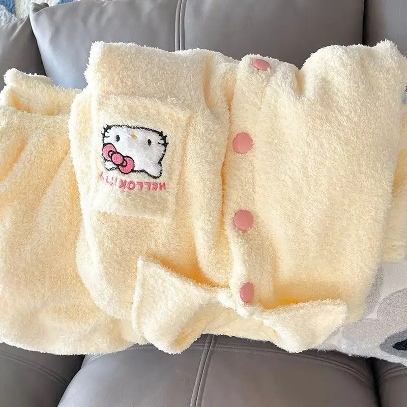 

Желтые пижамы Hello Kitty для девочек, весенне-осенне-зимний комплект из кораллового вельвета, утепленные брюки с длинными рукавами, милый простой домашний костюм