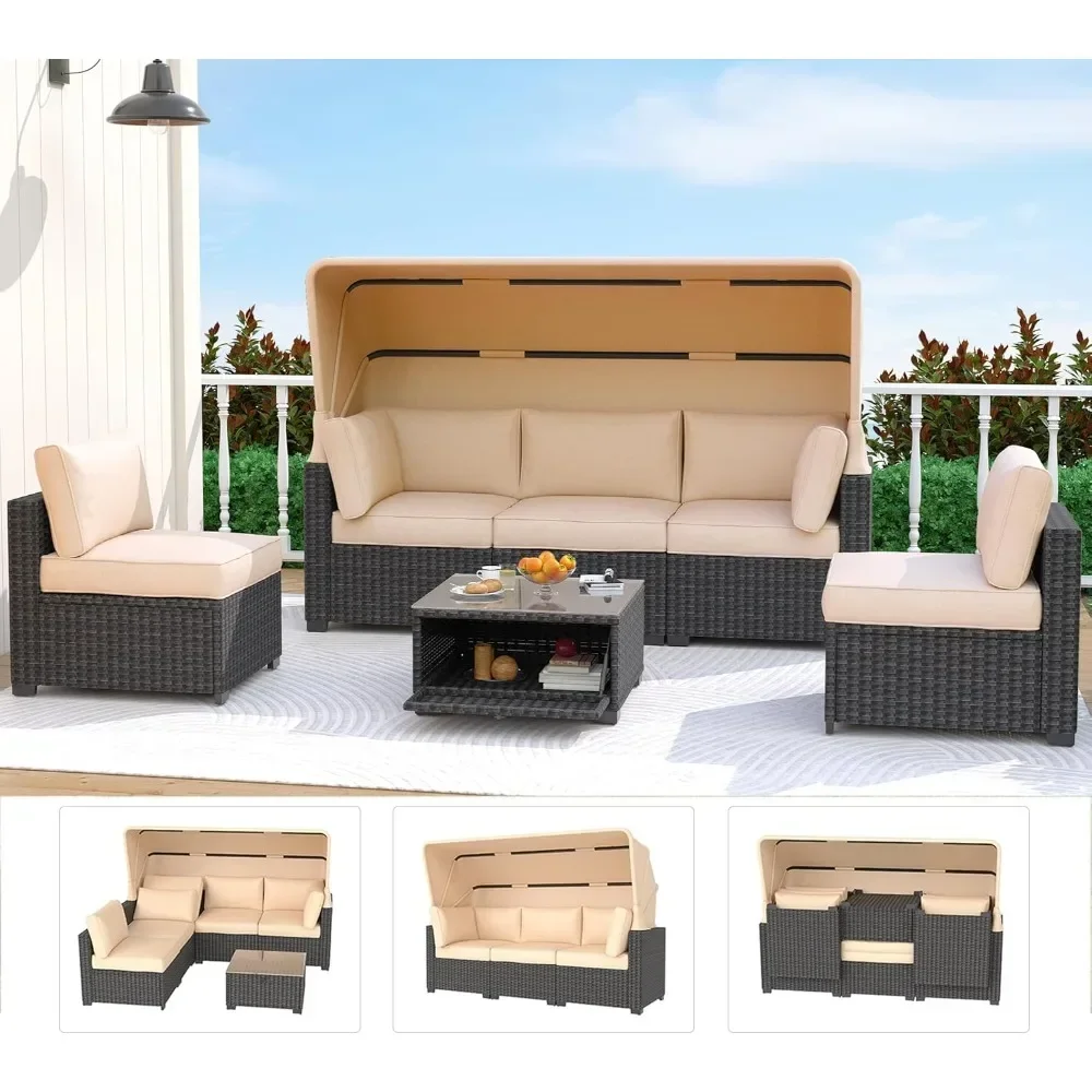 

Outdoor Daybed with Canopy,6 Pieces Patio Furniture Sets Adjustable Backrest PE Gradient Wicker Sectional Furniture Set