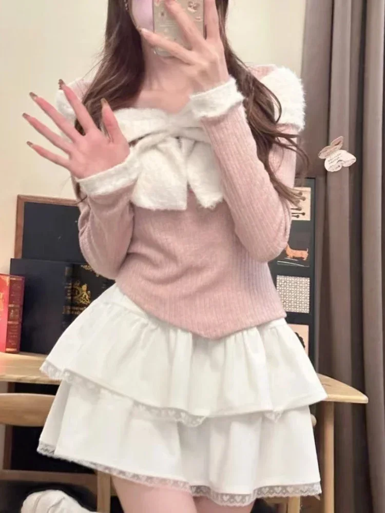 Women Sweet Fashion Ballet Core Girl Outfits 2 Piece Set Long Sleeve Sweet Bow Crop Tops + Mini Skirt Coquette Partyclub