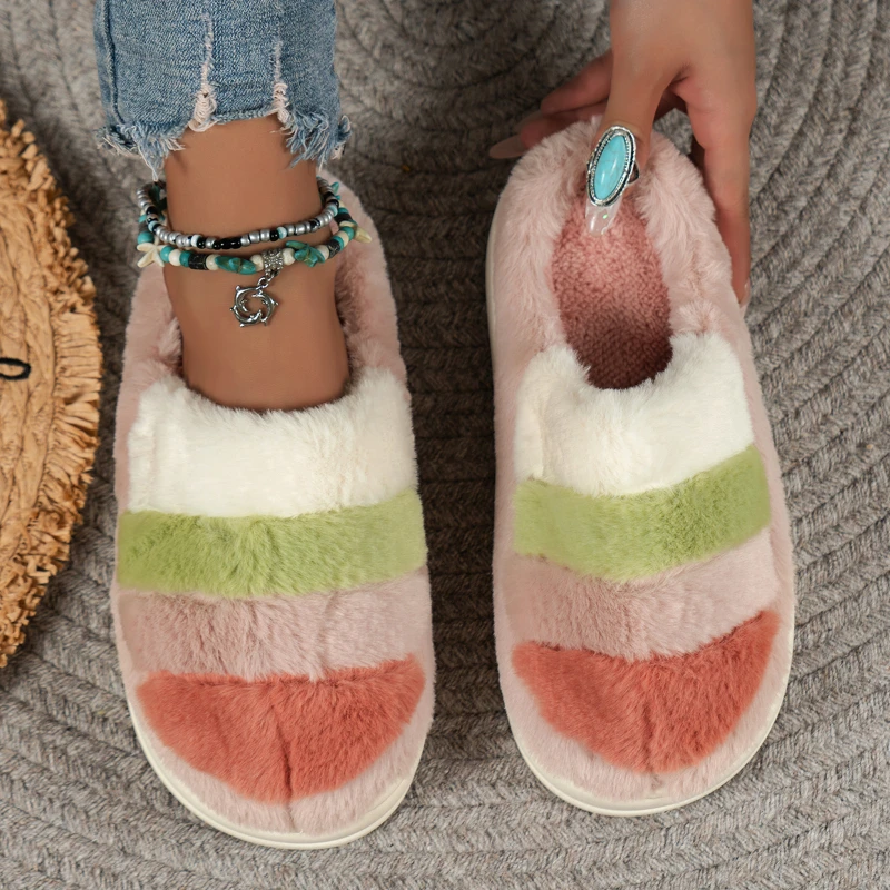 Winter Women Fur Slippers Home Assorted Colors Bedroom Living Room Fashion Simplicity Faux Fur Warm Flat Slippers Slides Women