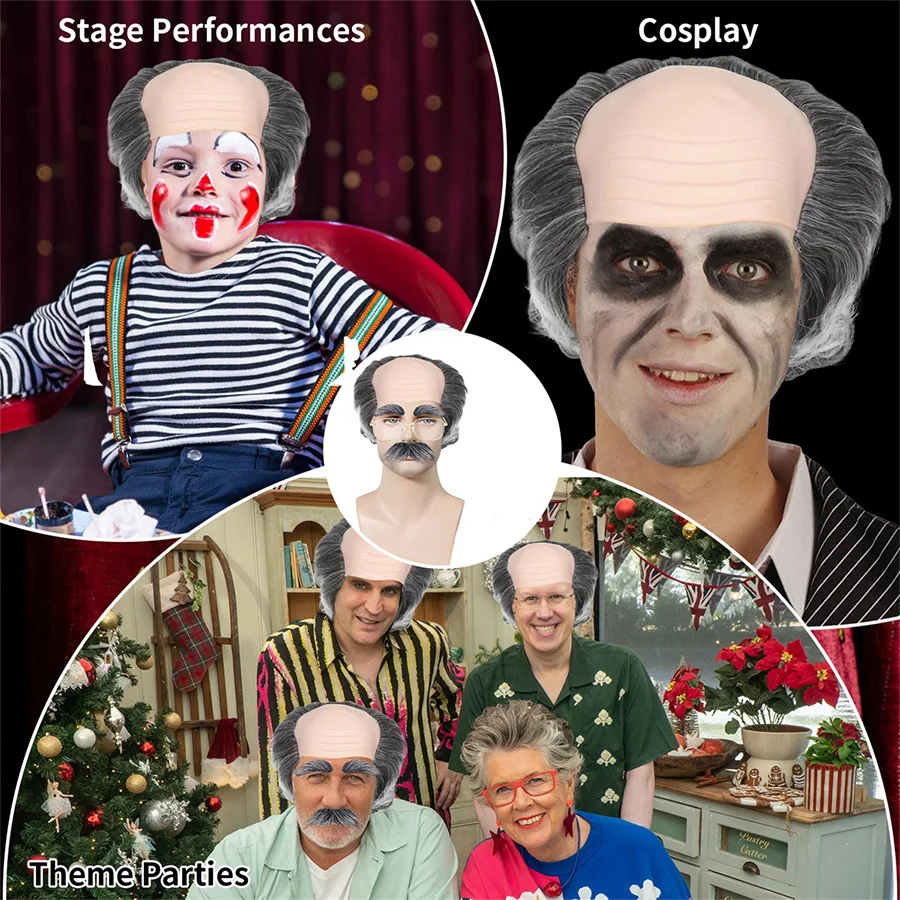 탈모용 남성 가발 롤플레잉 애호가용 짧은 곱슬머리 가발 미친 회색 과학자 합성 탈모 가발 애니메이션 코스프레