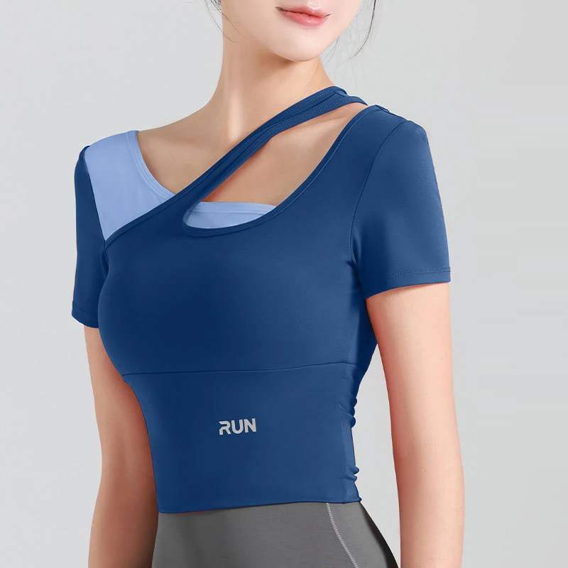 Yoga Crop Top Padded Short Sleeve Fitness T Shirt Women Breathable Running Training Sport T-shirt Gym Quick Dry Tops