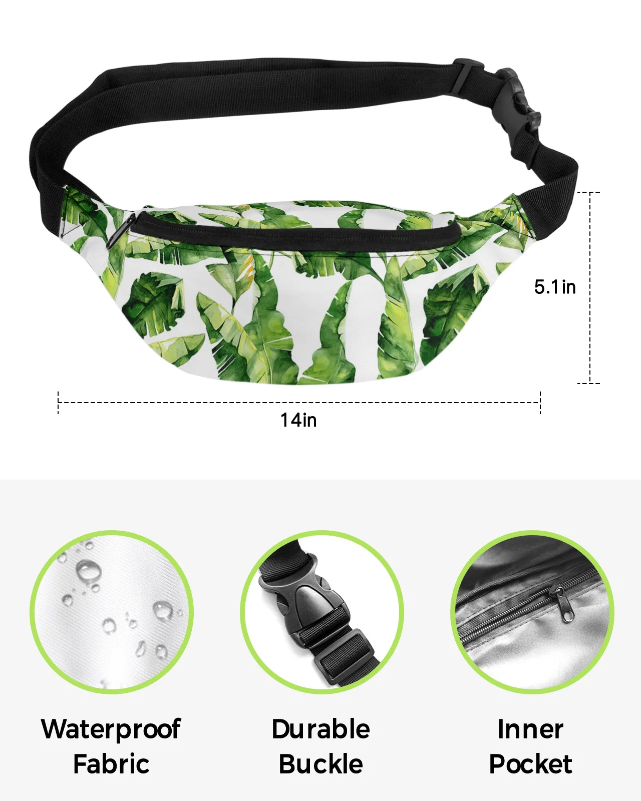 Banana Tropical Plant Leaves Waist Bag Women Men Belt Bags Large Capacity Waist Pack Unisex Crossbody Chest Bag