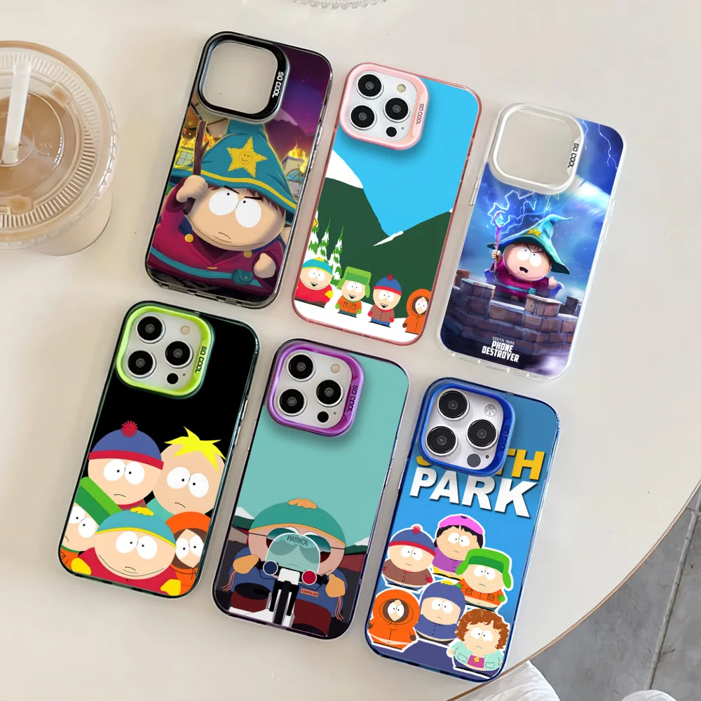 Cartoon S-South Park-s Phone Case For iphone11 12 13 14 15 16 Pro Max Plus fashion laser colorful silver IMD cover