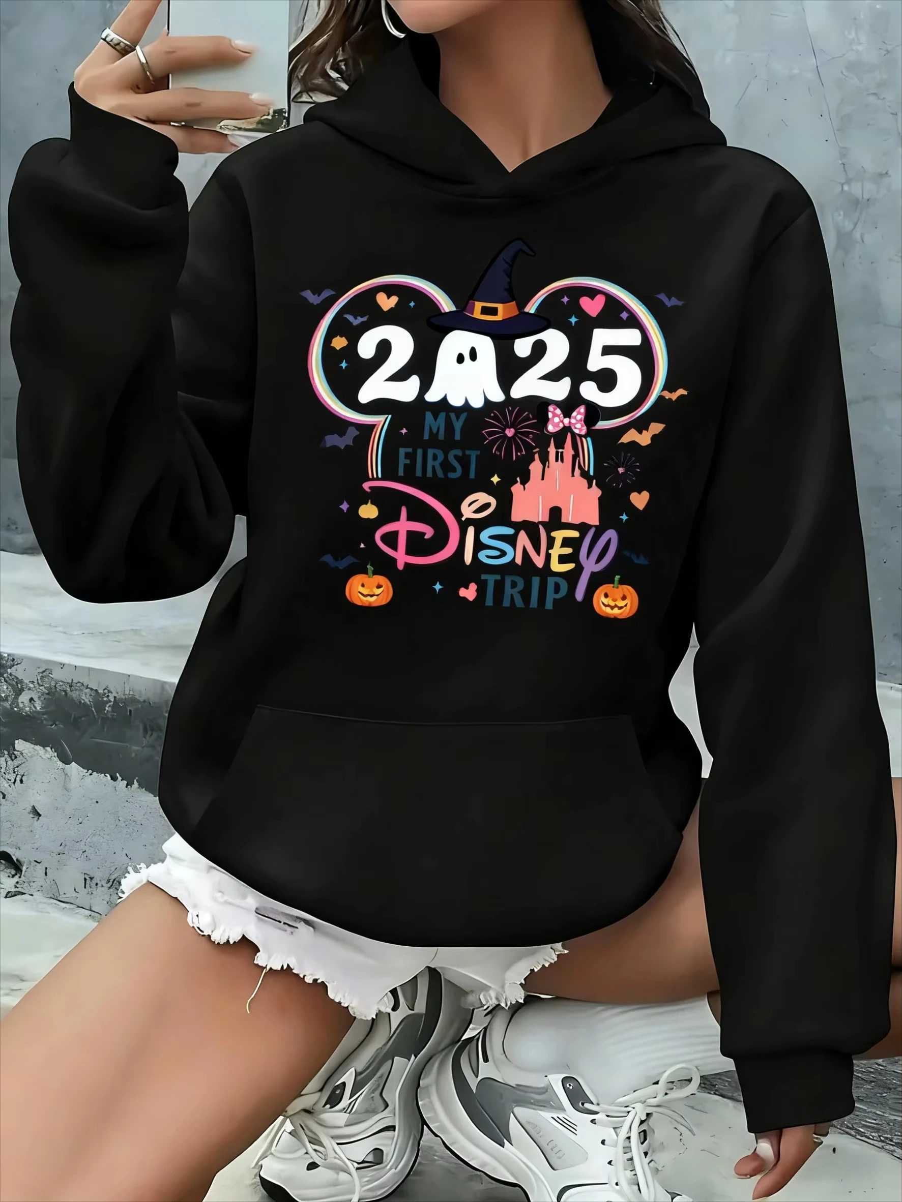 ديزني جودة عالية هالوين ميكي ماوس طباعة المرأة هوديي هوديي أزياء السفر هوديي أربعة مواسم عارضة الحرارية هوديي