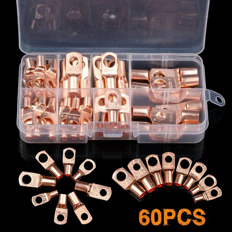 60pcs Cable Lug Crimping Tool Electrical Copper Lug Cable Wire Connectors Crimp Terminal Kit Copper Ring Terminals Connectors