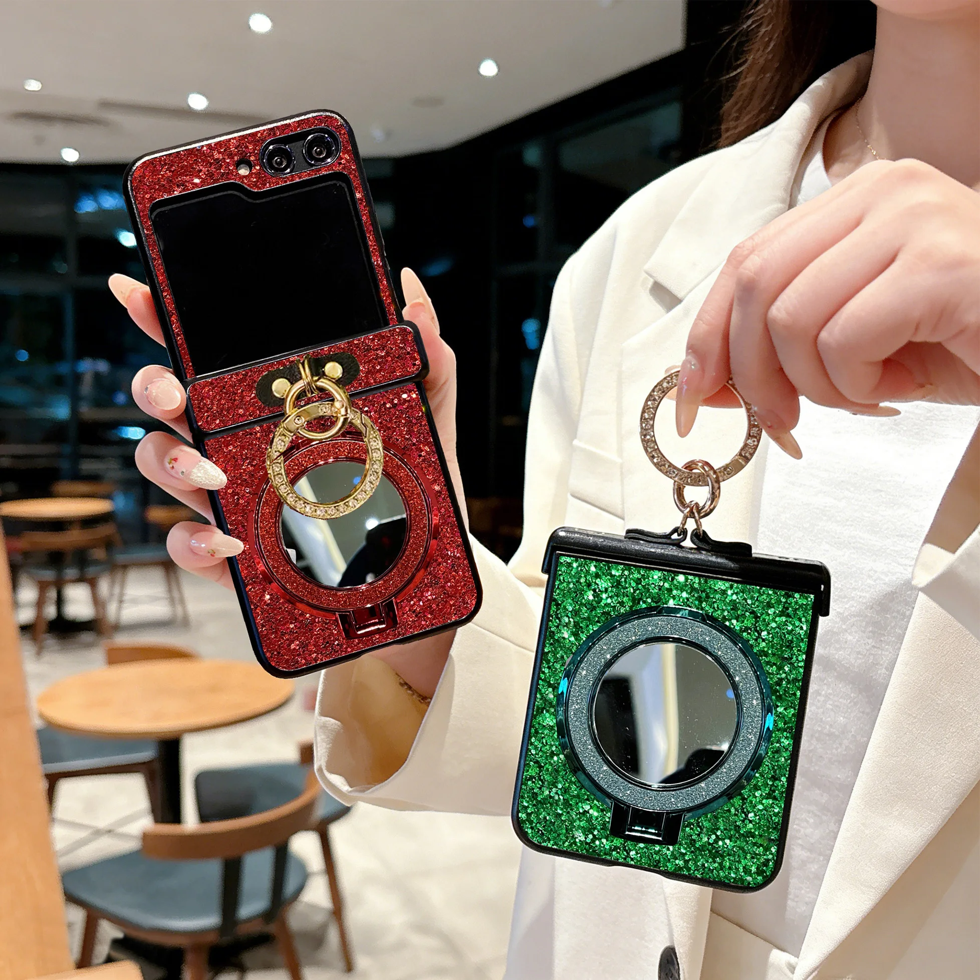 Faux Diamond Ring Holder Luxury Sparkling Hard Phone Case For Samsung Galaxy Z Flip 6 5 4 3 Flip7 FE with Magnetic Mirror Stand