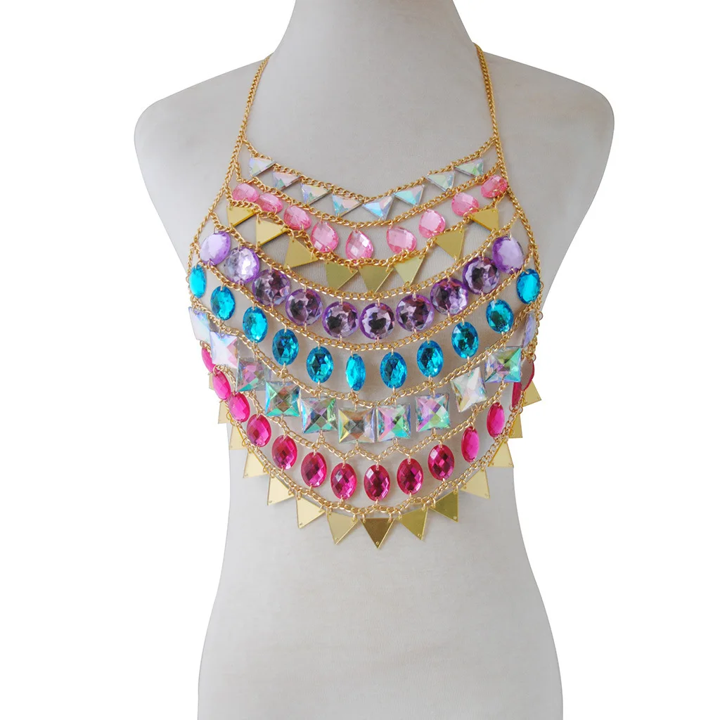 

Colorful Sequins Sexy Women Tank Tops Acrylic Gems Backless Hollow Out Crop Tops Metal Chains Club Party Festival Rave Camisole