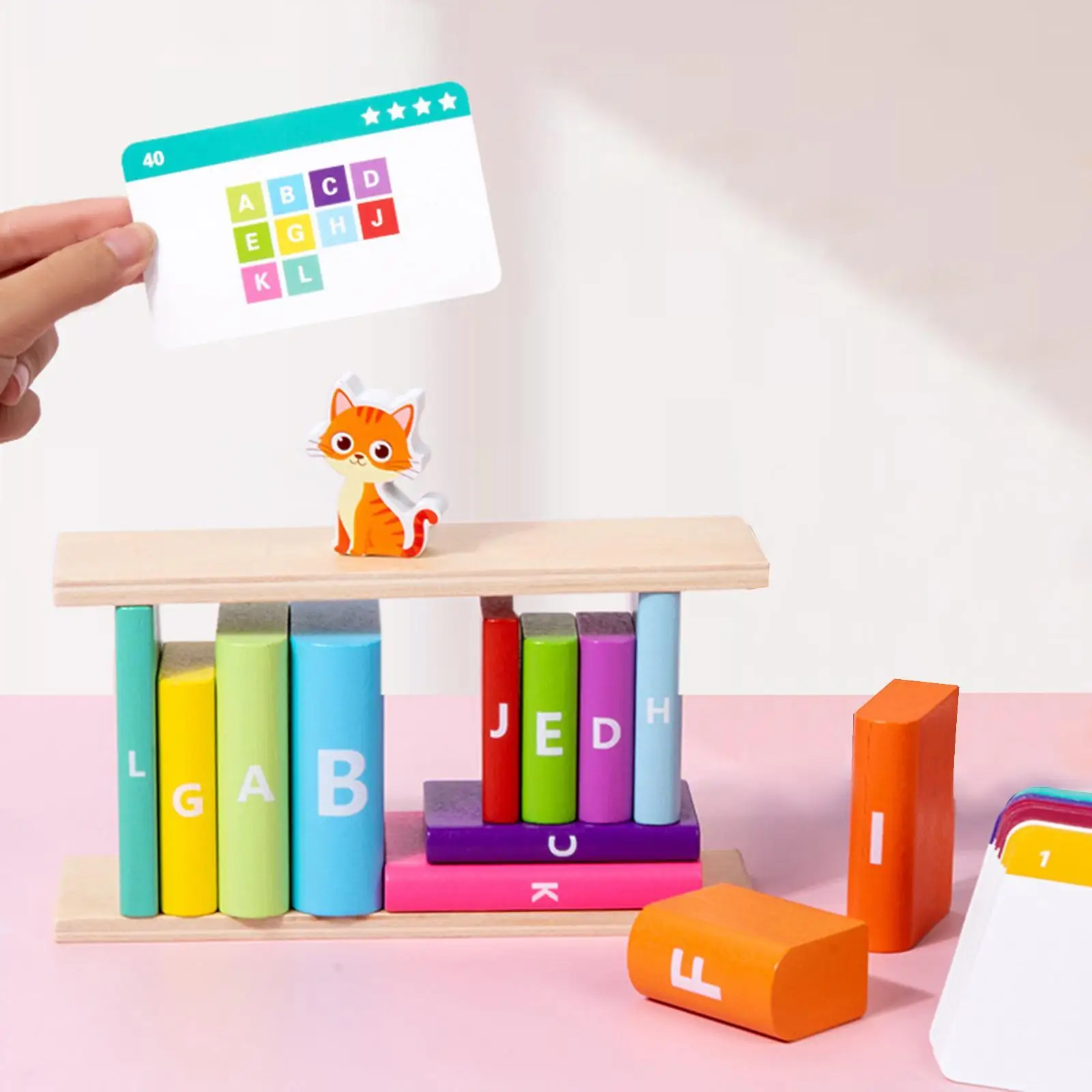 Conjunto de blocos de madeira com gatinho, jogo de habilidade motora fina, blocos de empilhamento educacionais, brinquedos de classificação de forma de cor para contar crianças