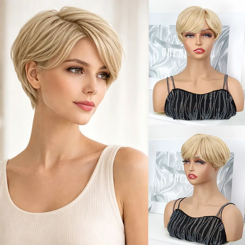 女性用のストレートヘアピースで、白髪を隠し、ボリュームのある短い自然なヘアスタイルを作り出すように設計されています。