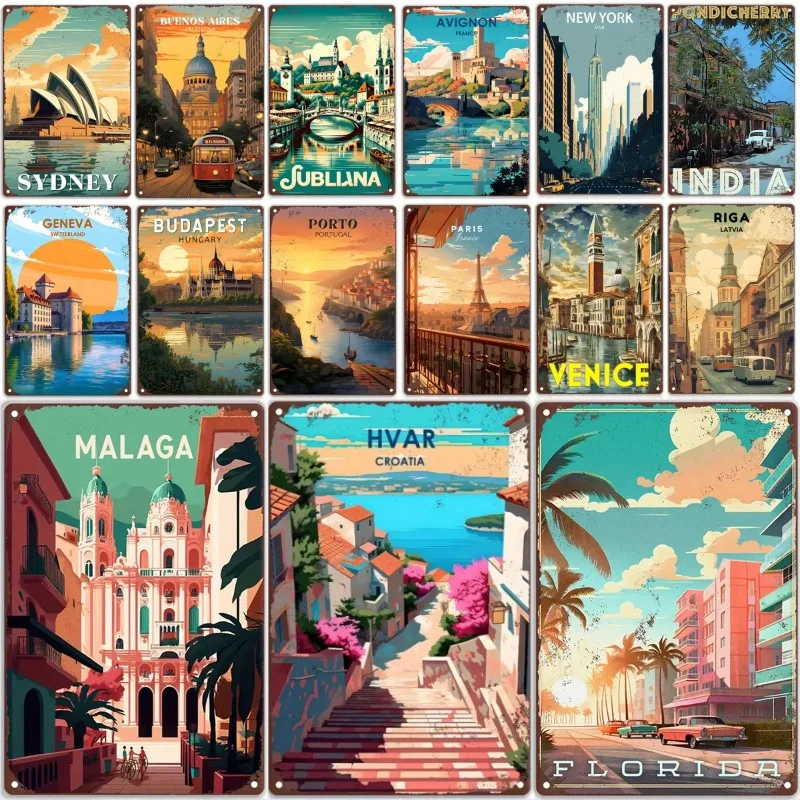 Cartel de Metal Vintage de viaje redondo del mundo, cartel Retro de MALAGA CROATIA FLORIDA, Bar para el hogar, habitación, Pub, cafetería, Hotel, Club, decoración de pared Gi