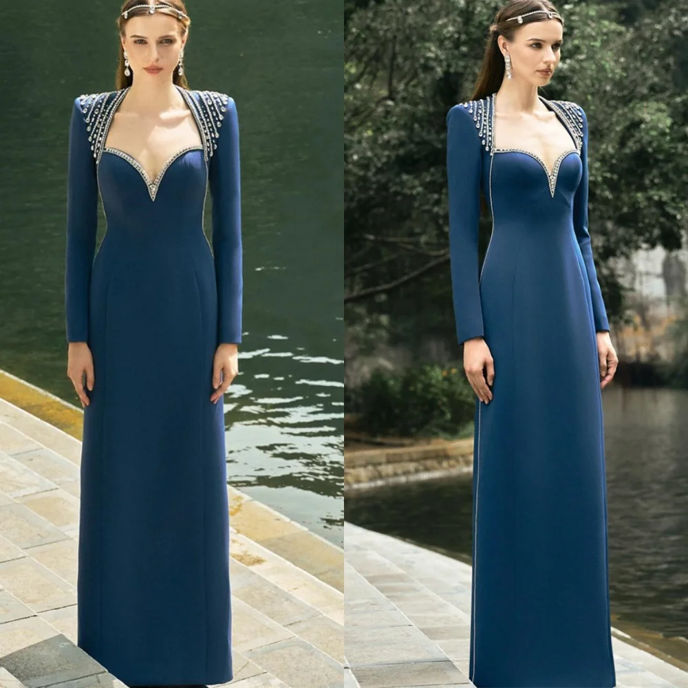 

Customized High Quality Blue Jersey Evening Dress Classic Square Collar Long Sleeves Zipper Back Crystal Special Occasion Gowns