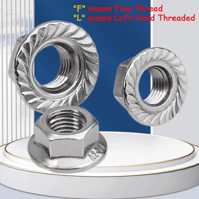 A2 304 Stainless Steel Hexagon Hex Flange Nuts Fine-Thread / Left-Hand Threaded / UNC Serrated Spinlock Locking Nut