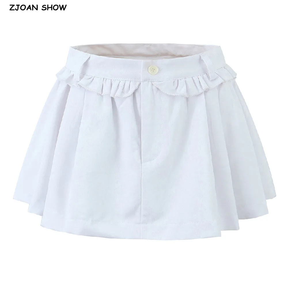 2025 Y2K White Spliced Wood ears High Waist Mini Skirt Women Pleasted Ruched Swing A-lined Skirts Black