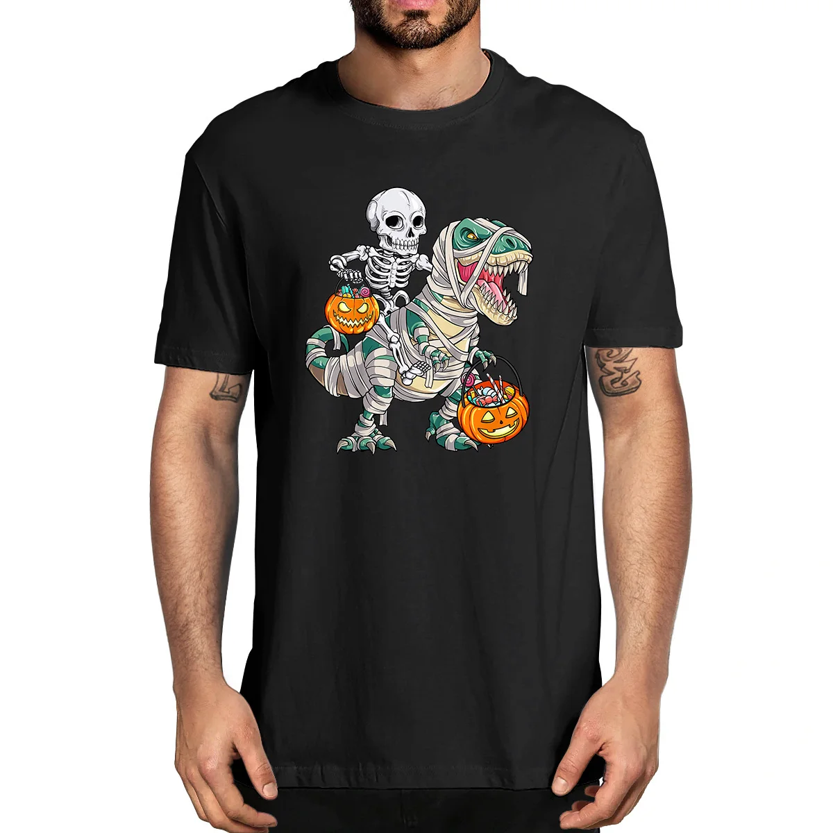 

Skeleton Riding Mummy Dinosaur T Rex Halloween Funny Pumpkin 100% Cotton Summer Men's Novelty Oversized T-Shirt Women Casual Tee