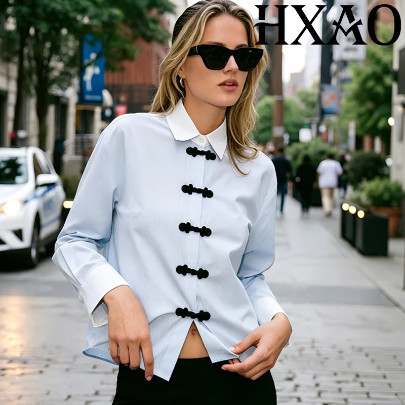 Chemise Oversize Bleue à Manches Longues pour Femme HXAO – Blouse Femme avec Boutons Nœud Chinois – Idéale pour le Quotidien, le Bureau et l'Été
