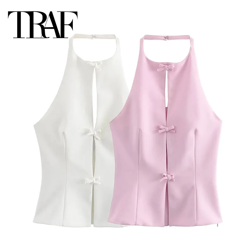 TRAF Pink Halter Top Female Bow Cut Out White Crop Top Women Off Shoulder Sleeveless Backless Top Woman 2024 Sexy Summer Tops