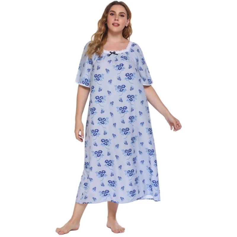 Women's Nightdress Short Sleeve Lace Stitching Longuette Pajamas Floral Printed Nightgown Bathrobe Casual Comfortable Home Cloth