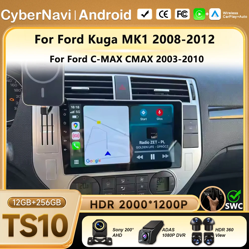 Android 16 Carplay para Ford Kuga MK1 2008-2012 para Ford C-MAX CMAX 2003-2010 Radio de coche GPS Navegación Android Auto No 2din 4G