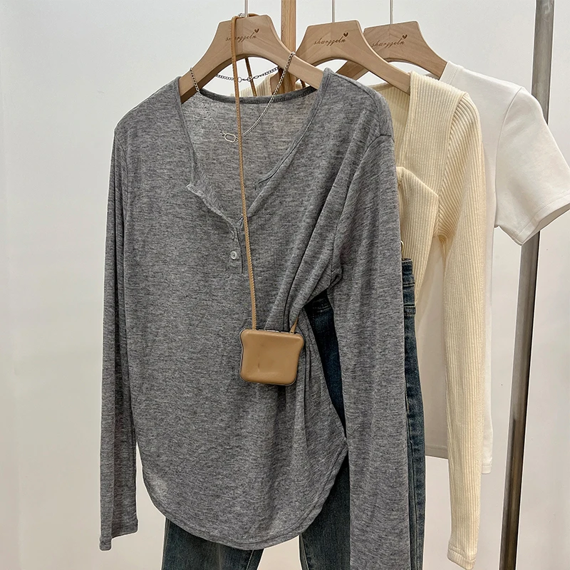 Autumn Grey Loose Long Sleeved T-shirt Women Summer Half Open Collar Solid Sunscreen Top Korean Version Commuting Pullover