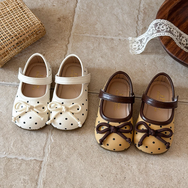 Spring Toddler Girls Polka Dot Mary Jane Shoes Adorable Kids Ballet Flats With Bowtie Princess Dress Shoes for Little Girls