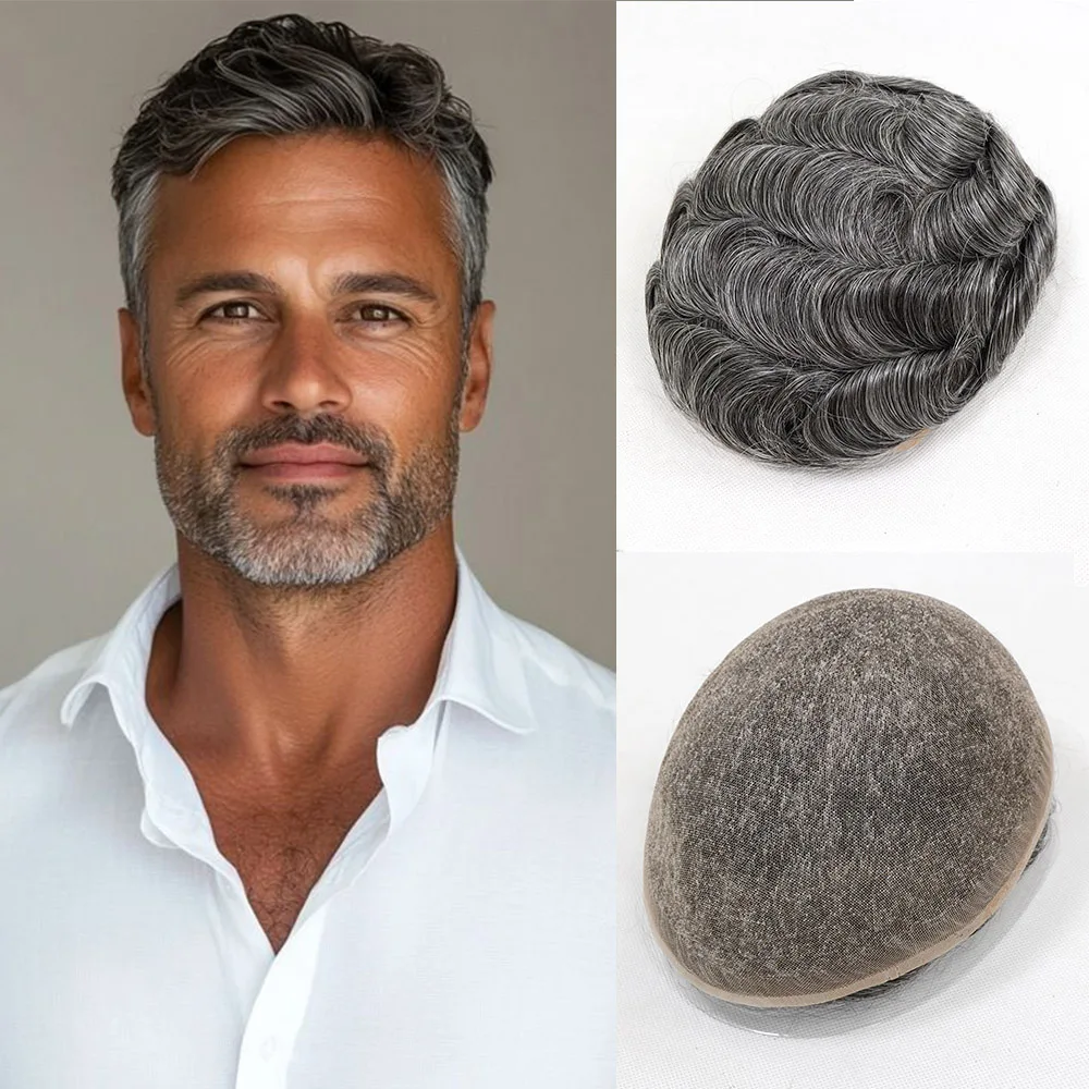 Gray Full Lace Men Toupee French Lace Human Hair Systems Men's Wig Breathable Male Capillary Prothesis Natural Wig For Men