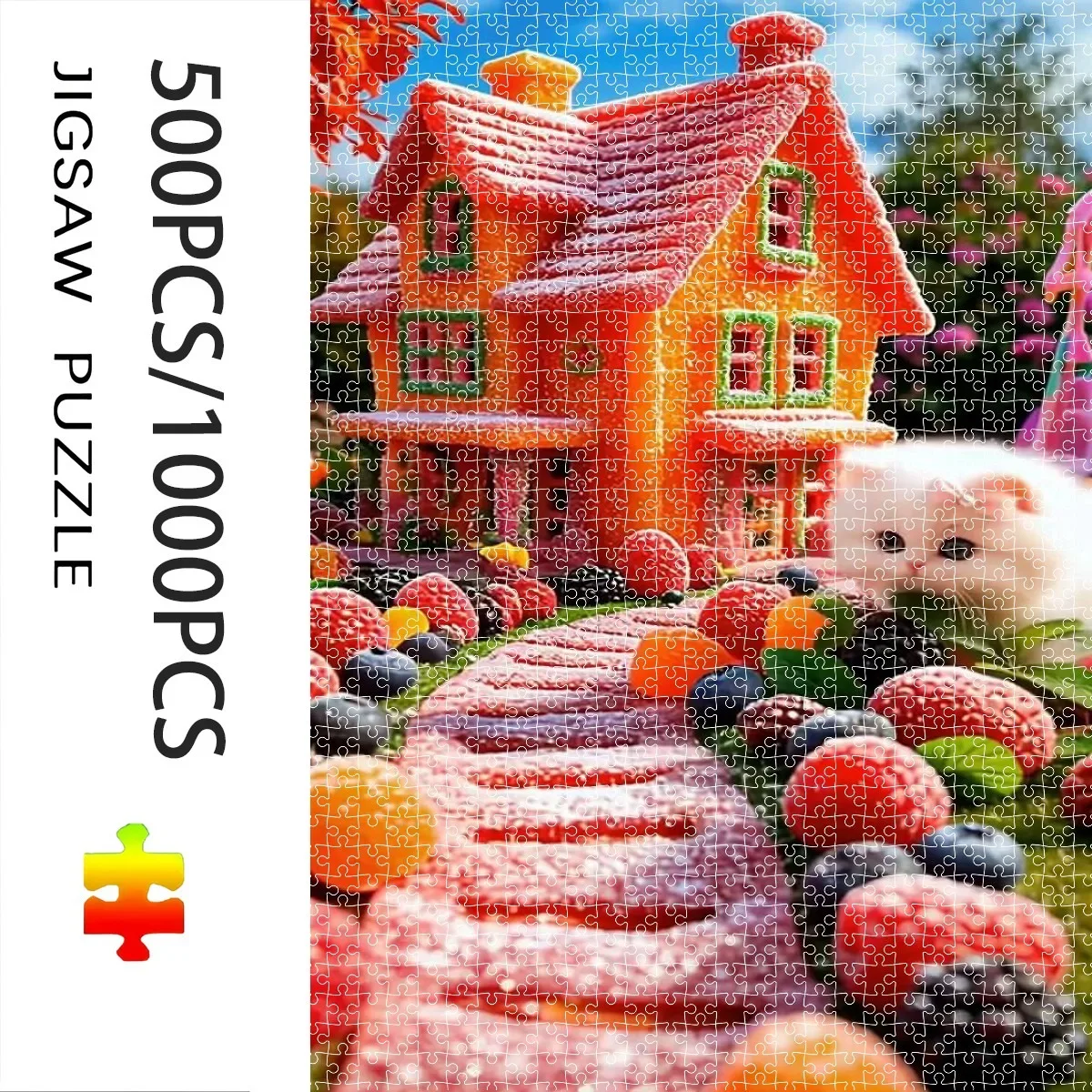 Magical Fairy Tale Jigsaw Puzzle, Candy House, Cute Cat Playing Yarn, Winter Gingerbread Castle, Dreamy Cloud Castle, Art Decor