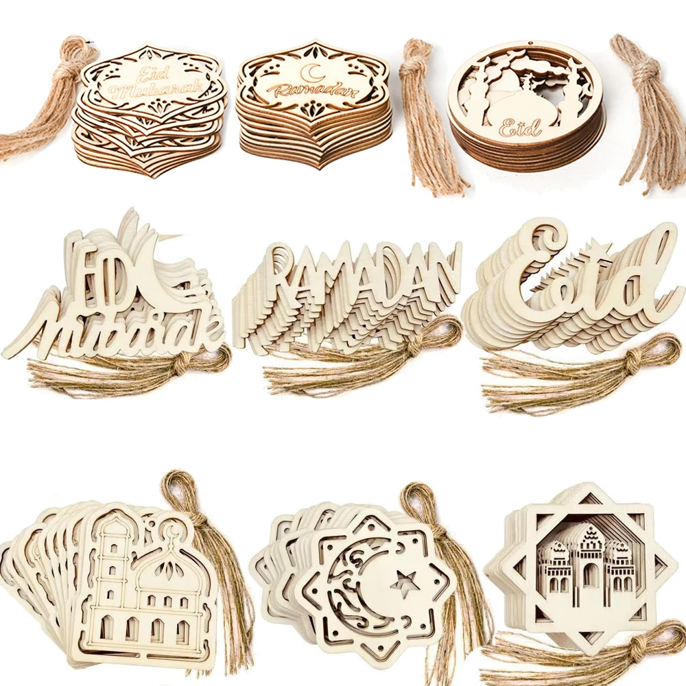 10-teiliges Eid Mubarak-Holzanhänger-Set, Ramadan-Dekorationen für Zuhause, Holz-Ramadan-Hängedekoration, Ramadan- und Eid-Fitr-Dekorationen