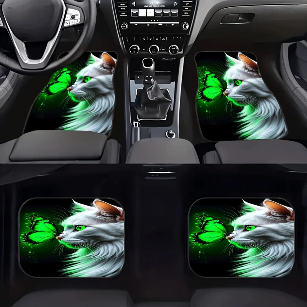 

4pcs White Cat & Green Butterfly Pattern Car Mats - Durable, Easy To Clean, Fits Most Car Models Including Sedans, SUVs, And RVs