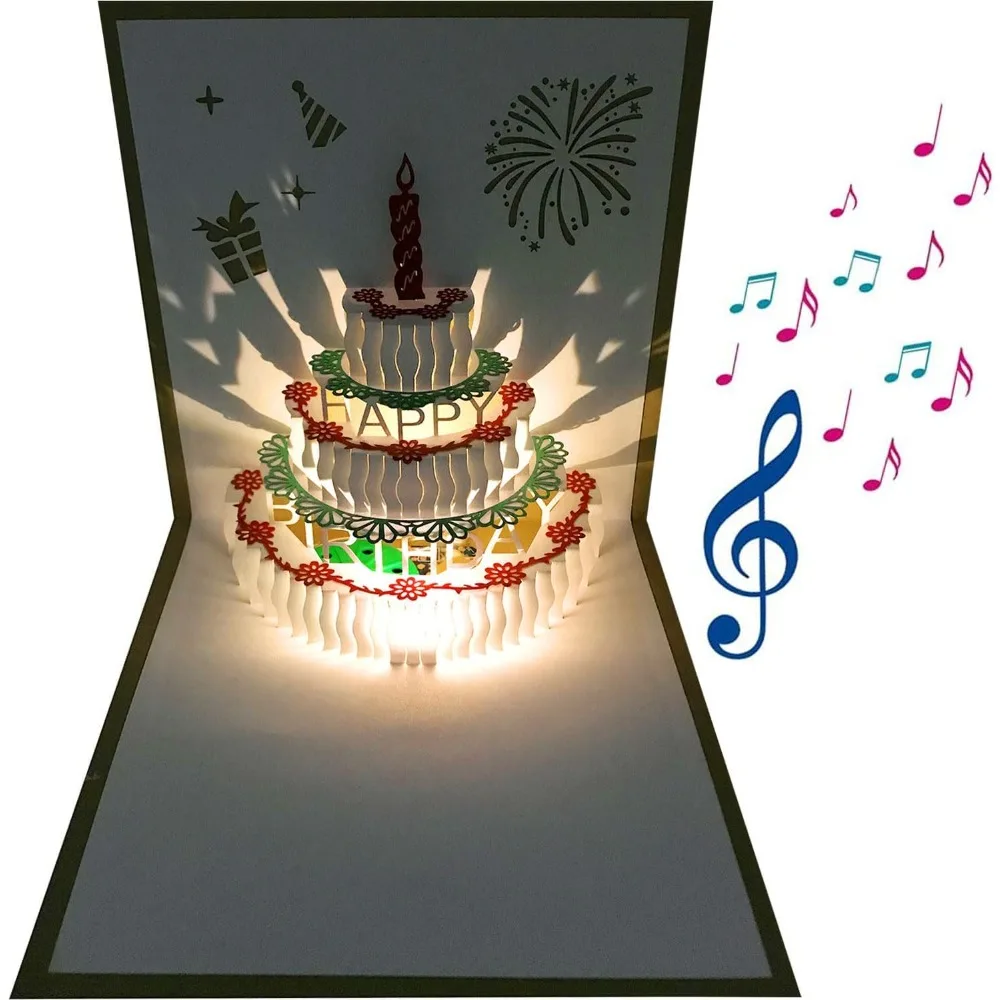 

3D Pop Up Birthday Cards,Warming LED Light Birthday Cake Music Happy Birthday Card Postcards Pop Up Greeting Cards Happy Birthda