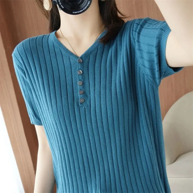 Spring Autumn Women Sweaters Short Sleeves V-neck Bottoming Shirt Knitwear 2023 Summer Pullovers Korean Jumpers  Knitwear