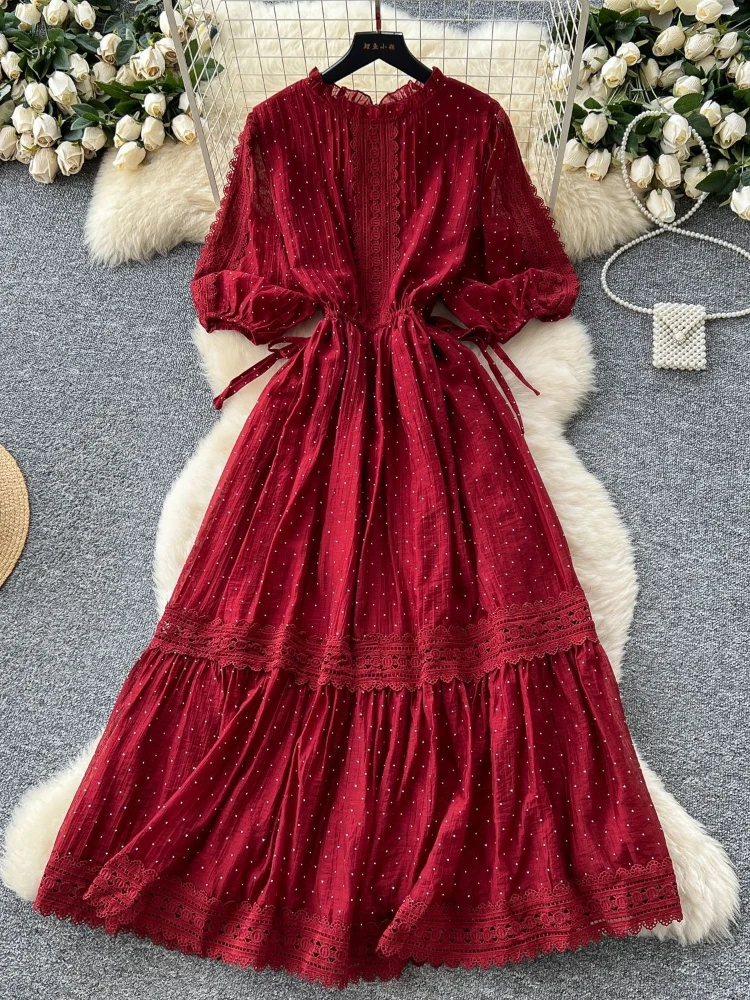 Mid Length Dress Women Dresses A Line Vestidos Streetwear Round Neck Short Sleeve Elegant Splice Y2k Hot Drilling High Waist