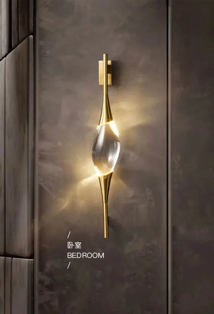 

New all-copper crystal wall lamp, post-modern light luxury bedroom bedside , simple living room aisle art decorative wall lamp