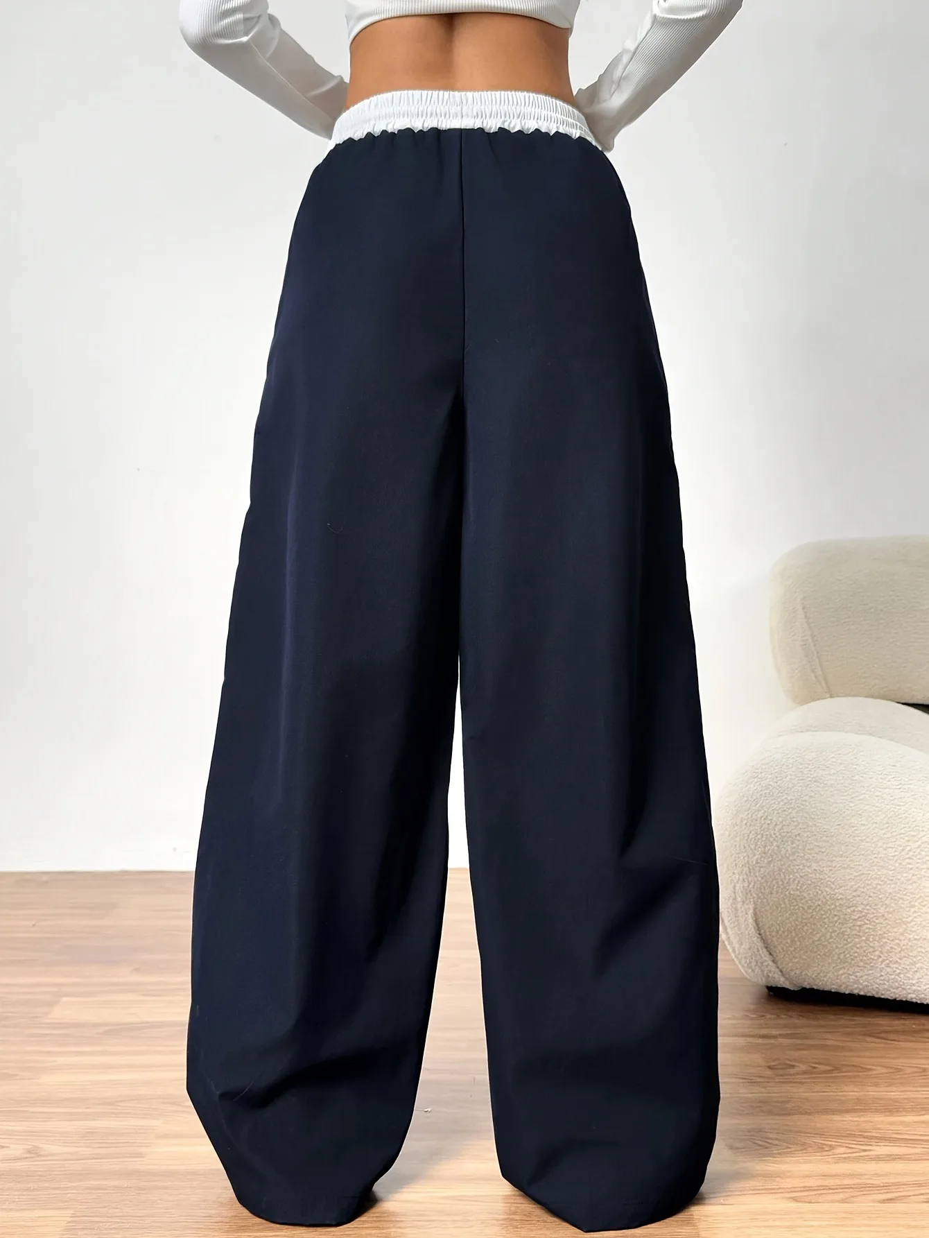 Girls Navy Blue Contrast Piping Wide Leg Pants High Waist Elastic Drawstring Waist Casual Streetwear Joggers