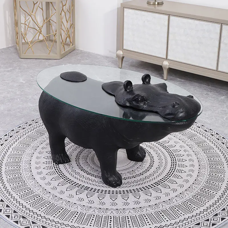 Designer fiberglass living room coffee table personalized sofa hippo animal shape tempered glass coffee table