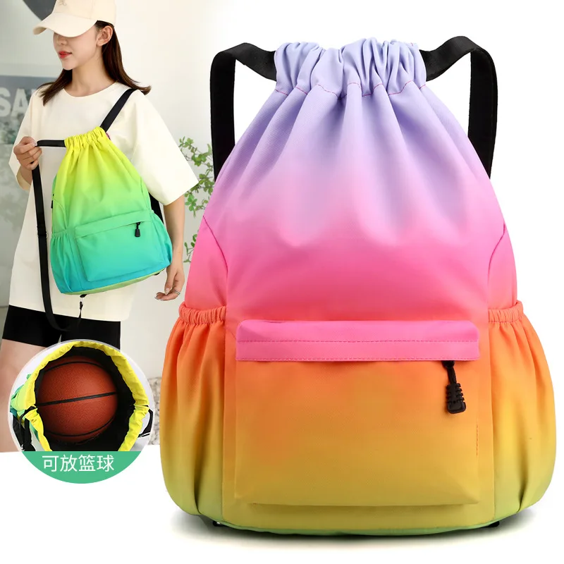 Custom Logo Gradient Drawstring Backpack Waterproof Sports Gym Bag Hold Basketball Soccer Ball Drawstring Sack With Front Pocket
