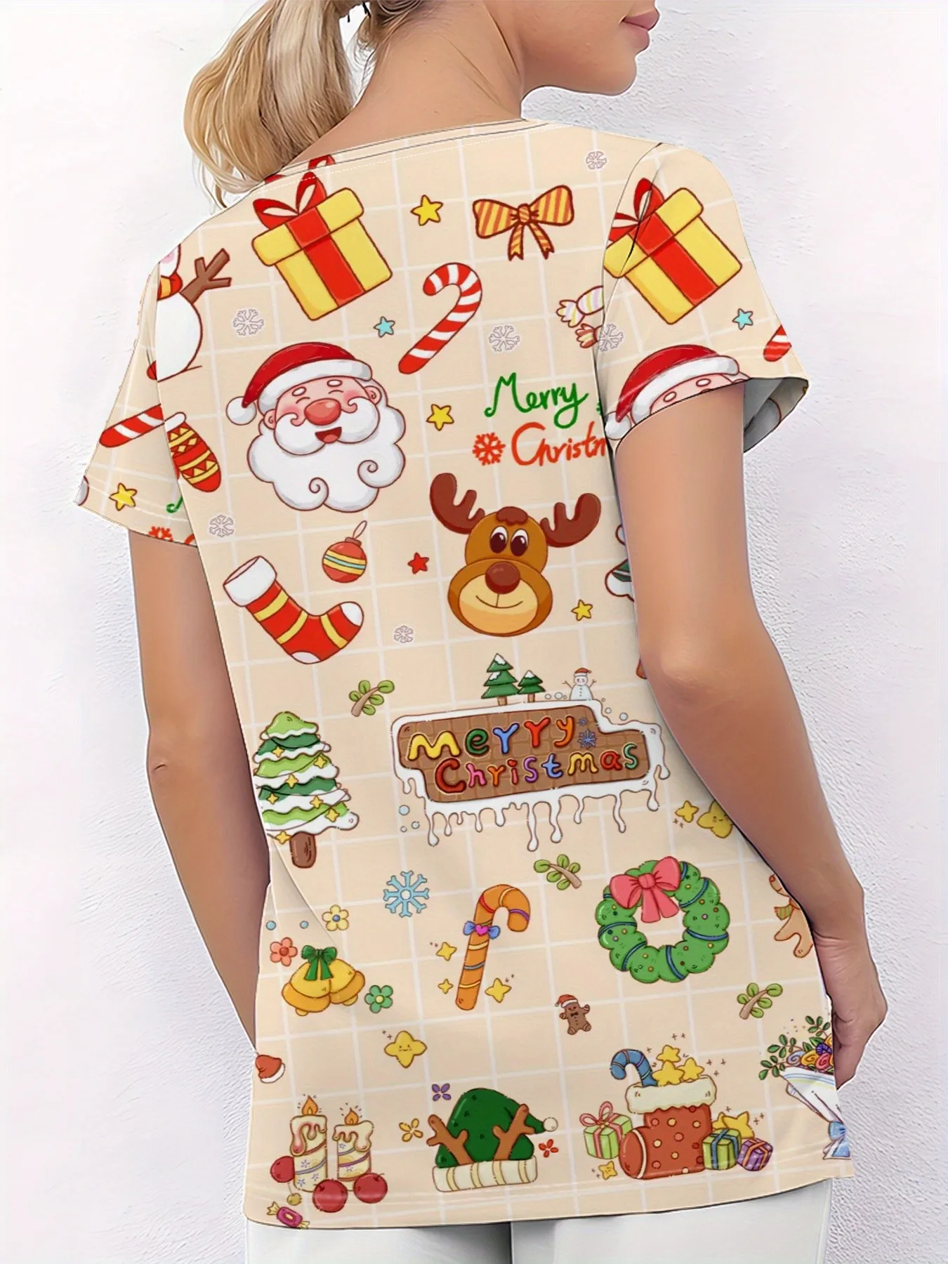 2026 Summer New Comfortable Leisure Fashion 3D Christmas Deer Pattern Printed Women's Nurse Uniform