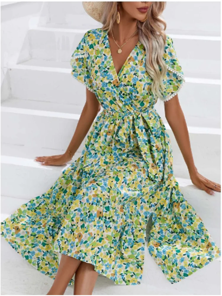 2024 neue V-Ausschnitt Blumen Kurzarm Kleid Frauen künstlerischen Strand urlaub Bohemian Style Sommerkleider